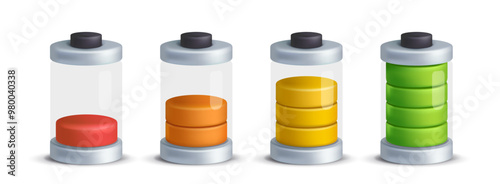 Battery charge indicator icons. Set of plasticine style symbols with discharged and fully charged battery. Power and energy. Realistic 3D vector illustration collection isolated on white background