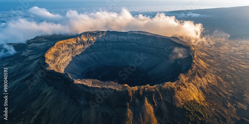 Aerial view of a dormant volcano with misty clouds and rugged landscape photo