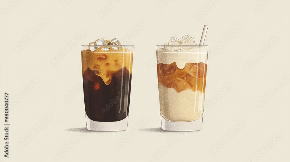 A pair of drinks rests atop a white table beside a straw-laden cup A pair of drinks rests atop a white table beside a straw-laden cup