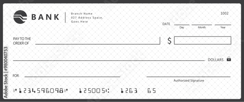 Bank check, vector blank money cheque, checkbook template with guilloche pattern and fields. Currency payment coupon, money check background