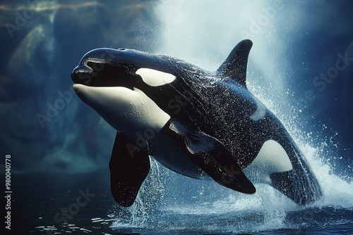 Orca jumps in water with a splash in the ocean showcasing aquatic wildlife and marine creatures