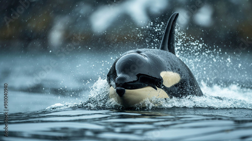 Majestic orca swimming in the cold ocean, showcasing black and white marine mammal in wild nature