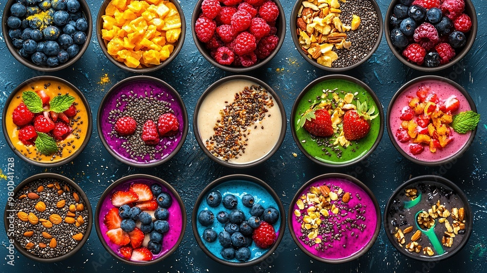 A collection of bowls brimming with distinct fruits and cereals atop a blue cloth, adorned with sprinkles A collection of bowls brimming with distinct fruits and cereals atop a blue cloth, adorned with sprinkles