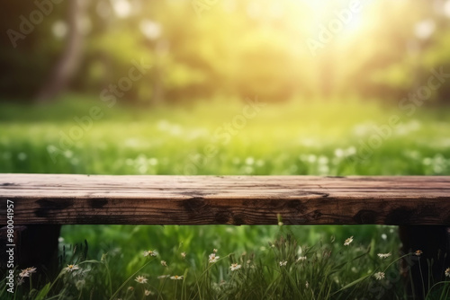 A rustic wooden bench sits quietly in a lush green park, embraced by gentle sunlight and dotted with wildflowers on a tranquil afternoon