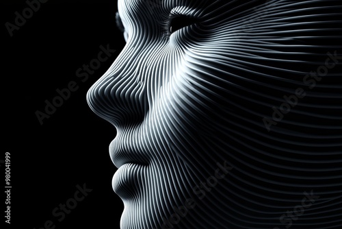 Stylized white face with horizontal lines symbolizing the flow of thoughts identity and the structured complexity of the mind in a conceptual design