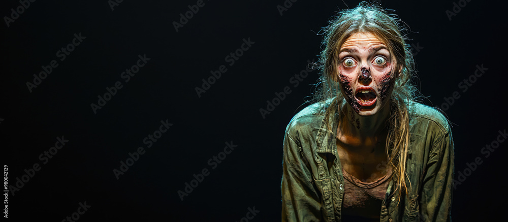 Portrait of living dead woman isolated on black background, excited surprised scary zombie face. Theme of Halloween, people, shock, space, banner, horror, Portrait of living dead woman isolated on black background, excited surprised scary zombie face. Theme of Halloween, people, shock, space, banner, horror,