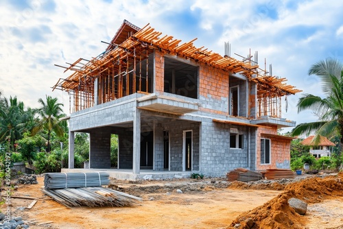 Building site of a modern two story house or villa with concrete blocks or bricks
