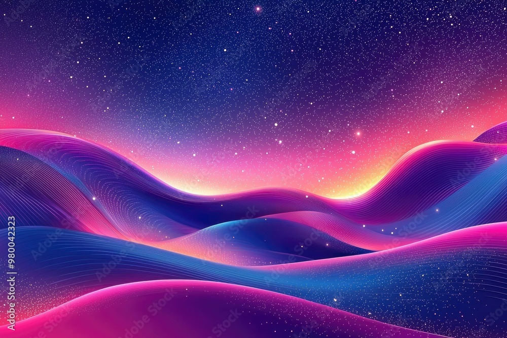 Abstract Cosmic Landscape with Wavy Lines and Stars Abstract Cosmic Landscape with Wavy Lines and Stars