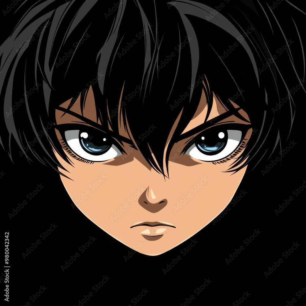 Anime Face of a Boy from a Cartoon on a Black Background. Hero Anime Character in Japanese Style with Manga Influence. Anime Face of a Boy from a Cartoon on a Black Background. Hero Anime Character in Japanese Style with Manga Influence.