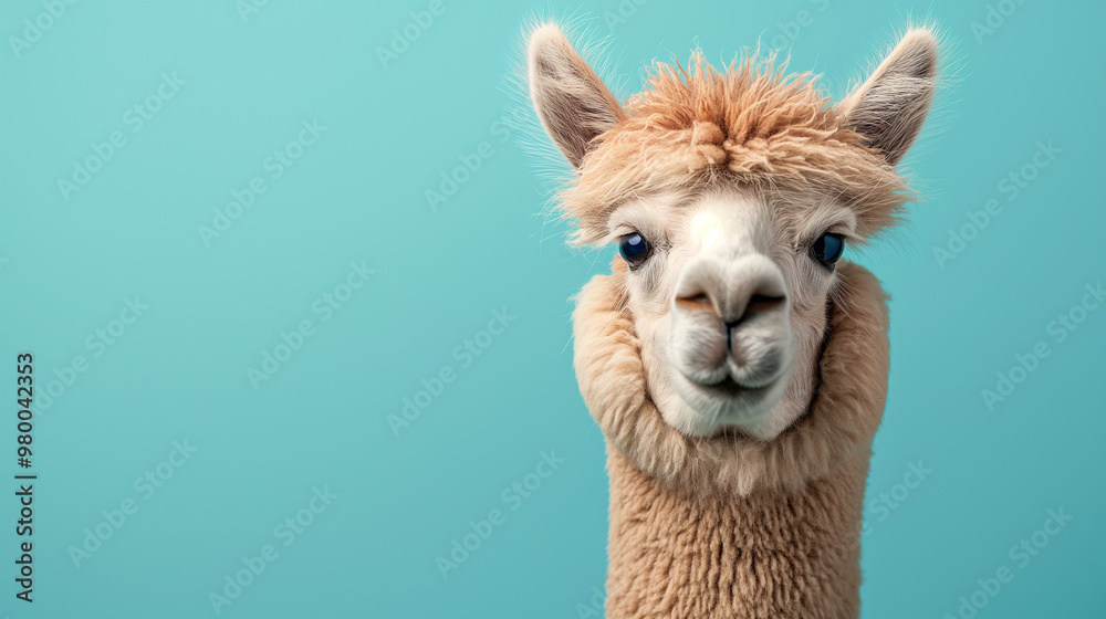 Obraz premium Adorable alpaca portrait with furry wool, blue background, and cute expression
