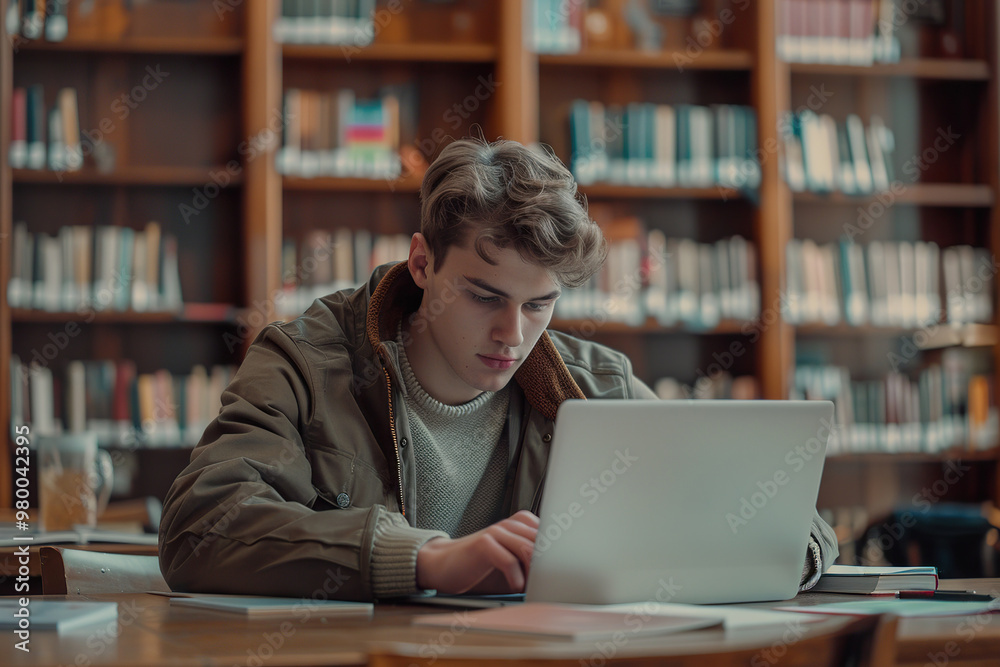 A man is sitting at a table in a library, using a laptop, A man is sitting at a table in a library, using a laptop,