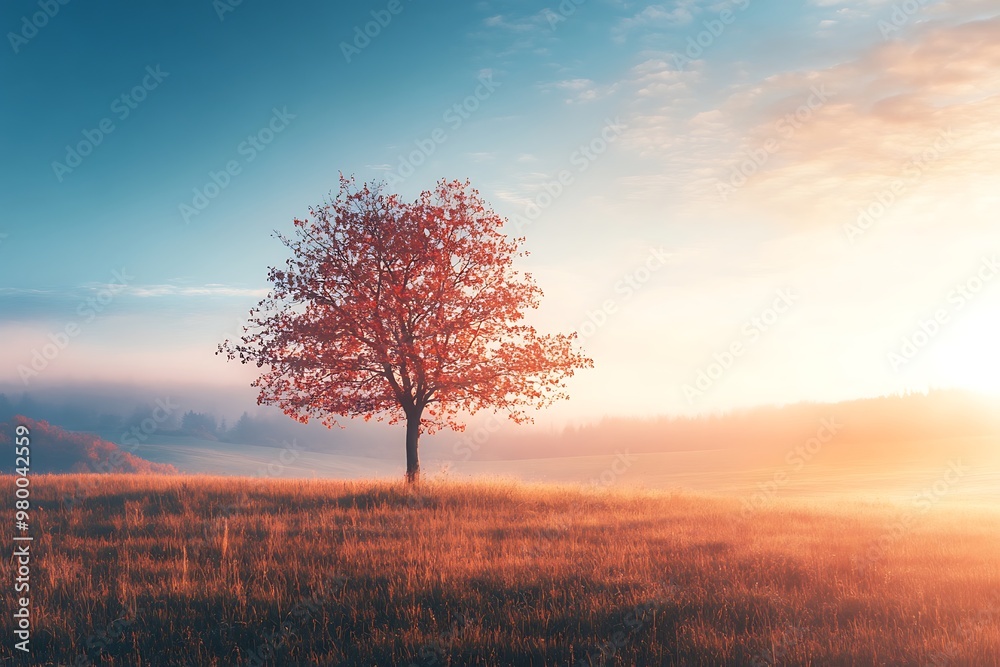Silhouetted tree on a hill at sunrise. Golden hour landscape with fog. Silhouetted tree on a hill at sunrise. Golden hour landscape with fog.