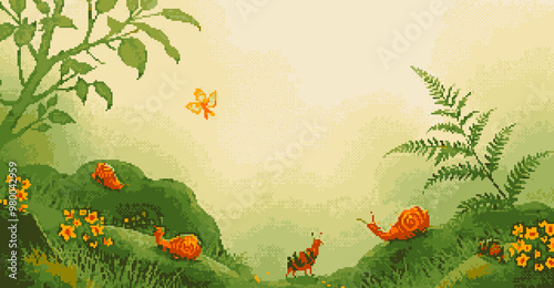 A forest bed of mystical critters and bugs, Pixel art fantasy style photo