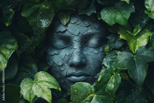 Closeup of a woman's face covered in ivy and leaves. Nature, connection,  environmentalism, and beauty concept.