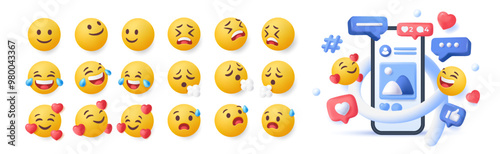 Set of 3d emoji. Funny yellow emoticons in various points of view. Charming faces expressing different emotions and feelings. Social Media Design. Realistic vector illustration isolated on background