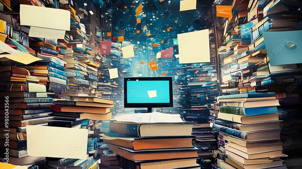 Digital learning environment with floating books and papers surrounding a computer screen, symbolizing the integration of technology in education and knowledge