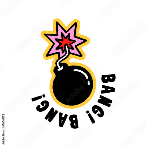 WebCartoon bomb with bang bang text. Creative sticker for brainstorming, explosive ideas, and bold decisions. Vector illustration for dynamic thinking and brainstorming sessions.