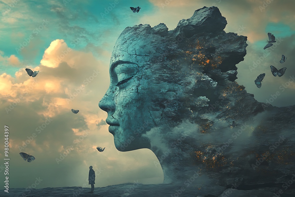 Surreal Artwork, Stone Face with Butterflies and a Lone Figure in the Distance Surreal Artwork, Stone Face with Butterflies and a Lone Figure in the Distance