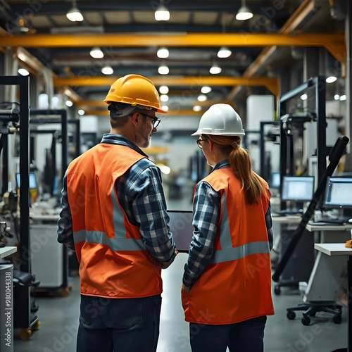 Engineers collaborating in a high-tech factory, using a laptop to oversee the production of cutting-edge electronic components for various industries