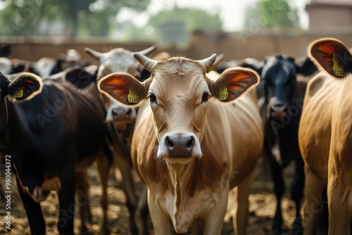 Cattle in corral Indian cows in yard and farm agriculture and animal care milk and dairy goods