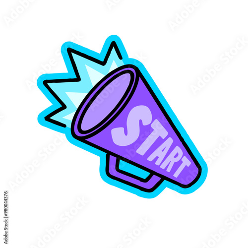 WebCartoon megaphone with start text. Creative sticker for motivation, announcements, and action. Vector illustration for brainstorming, leadership, and starting new projects.