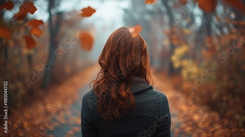 Woman Stands in a Peaceful Autumn Forest with Golden Leaves