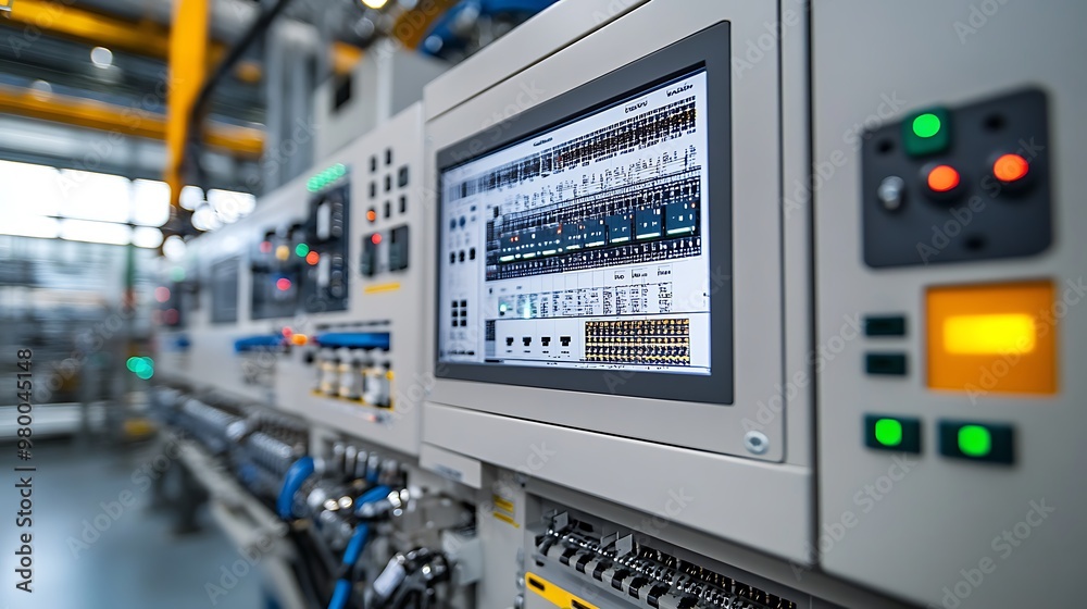 Control panels with electrical schematics displayed, monitoring and managing the plant’s overall power consumption. Control panels with electrical schematics displayed, monitoring and managing the plant’s overall power consumption.