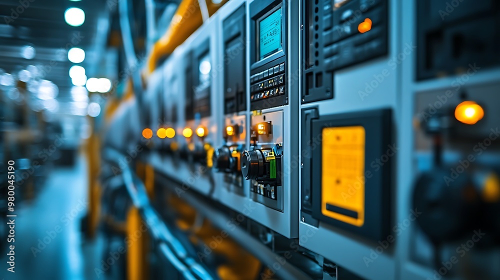 Electrical panels with switches and meters distributing power throughout the factory, ensuring efficient energy flow. Electrical panels with switches and meters distributing power throughout the factory, ensuring efficient energy flow.