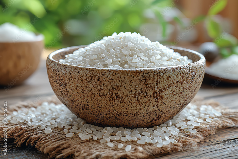 A small, cracked bowl with a few grains of rice, resting on a rough wooden table. Concept of hunger and scarcity. A small, cracked bowl with a few grains of rice, resting on a rough wooden table. Concept of hunger and scarcity.