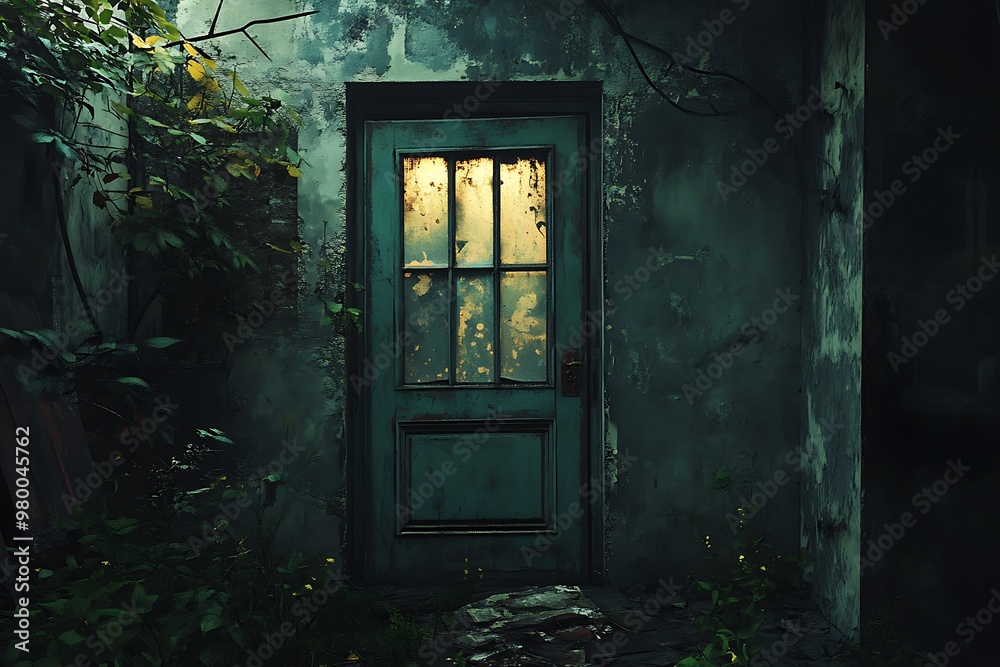 Mysterious door with a single light inside in a dark and overgrown abandoned building Mysterious door with a single light inside in a dark and overgrown abandoned building