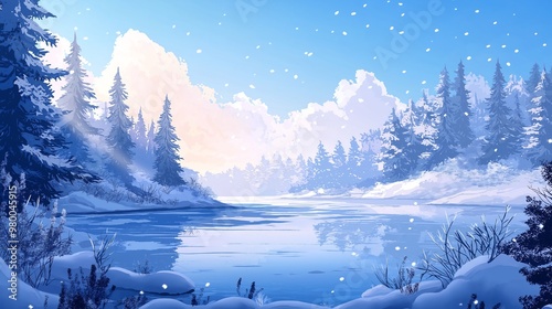 Serene Winter Landscape with Snowy Forest