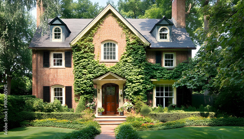 Charming brick house exterior with elegant greenery 