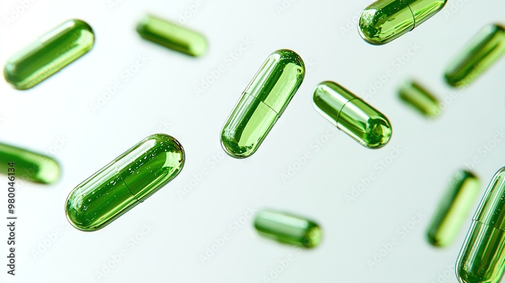 A cluster of emerald tablets floating on a pristine background, surrounded by droplets of water A cluster of emerald tablets floating on a pristine background, surrounded by droplets of water