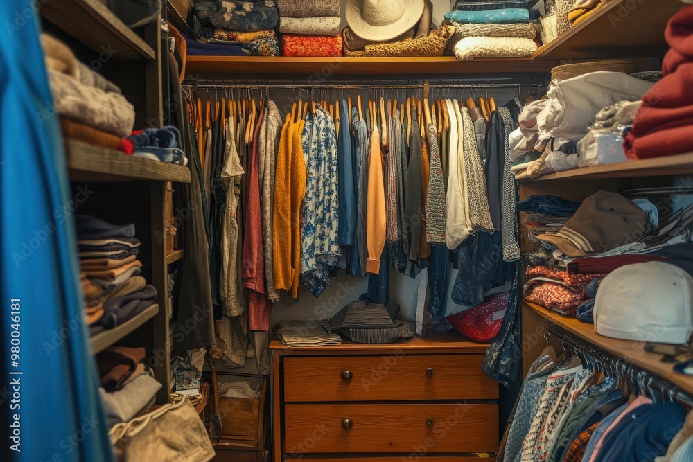 Fototapeta premium Chic apparel and home items in spacious closet