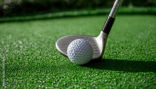 Close-up of golf club and ball on green. 