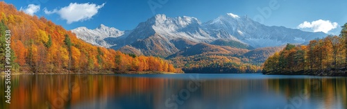 Majestic Autumn Mountain Landscape with Vibrant Foliage and Serene Lake