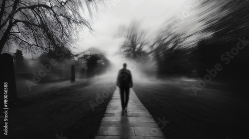Blurry figure walking away down a cemetery path with bare trees, suggesting the passage of time, loneliness, depression and nostalgia.