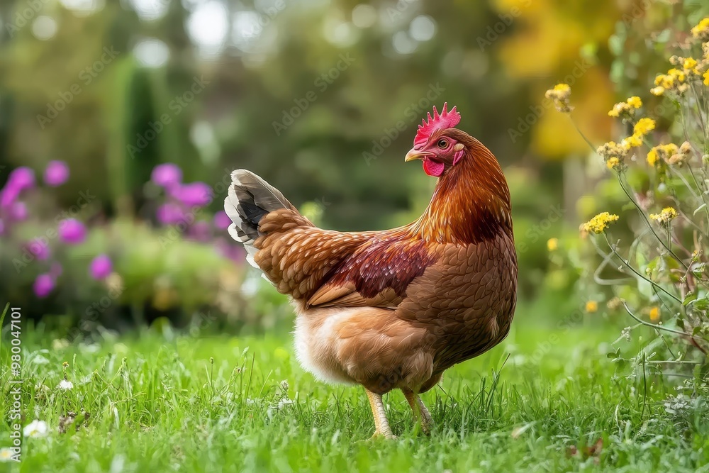 Fototapeta premium Chicken outdoors in the rural area