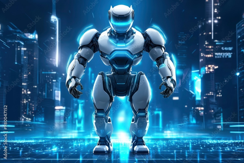 White Robot Standing on a Futuristic Cityscape Platform