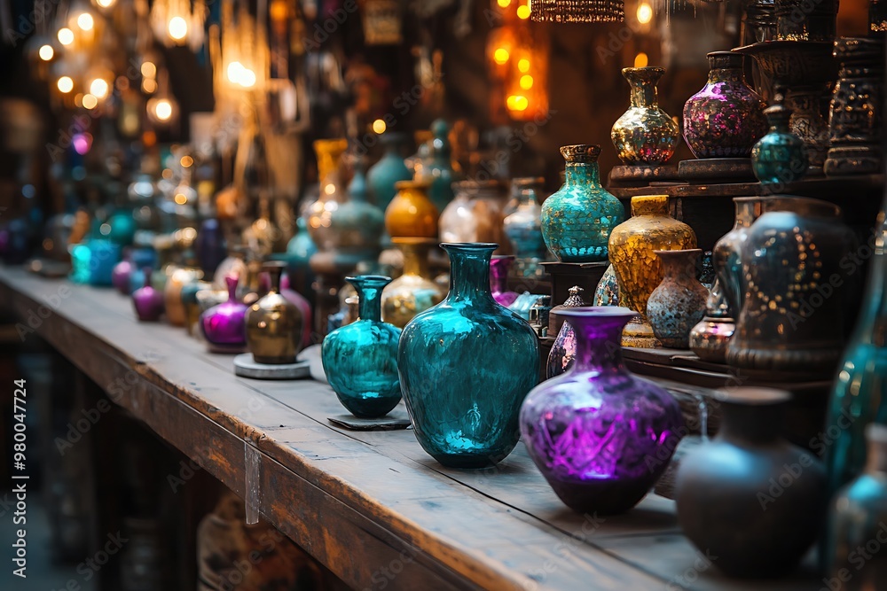 Colorful glass bottles on a wooden table, vibrant colors and textures. Colorful glass bottles on a wooden table, vibrant colors and textures.