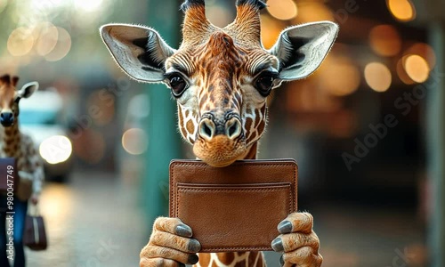 Giraffe Holding a Wallet