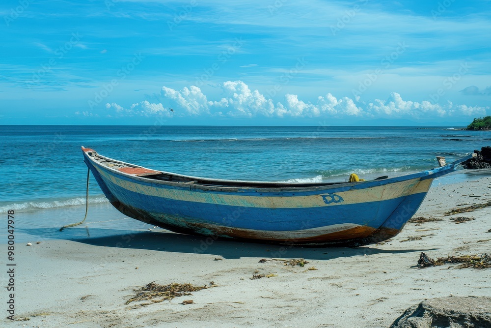 Cilacap Central Java Indonesia August 21 2023 a small vessel was anchored on the shore during daylight Cilacap Central Java Indonesia August 21 2023 a small vessel was anchored on the shore during daylight