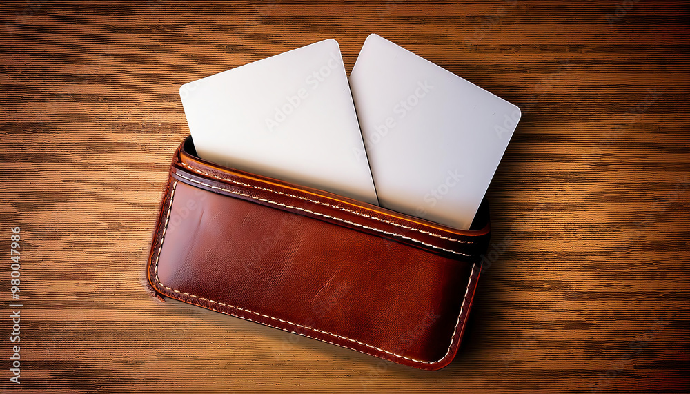 Wallet and white blank cards on a wooden background. Top view. Copy space. Wallet and white blank cards on a wooden background. Top view. Copy space.