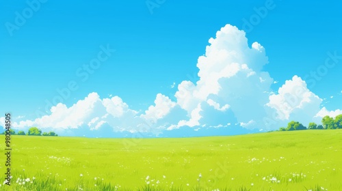 Anime Background of a Green Field Under a Day Sky with Clouds