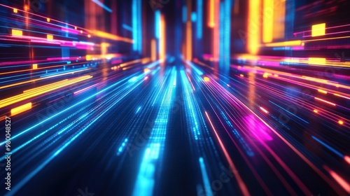 Abstract futuristic technology background featuring vibrant neon blue, orange, pink, and yellow lights, creating dynamic patterns on a dark backdrop