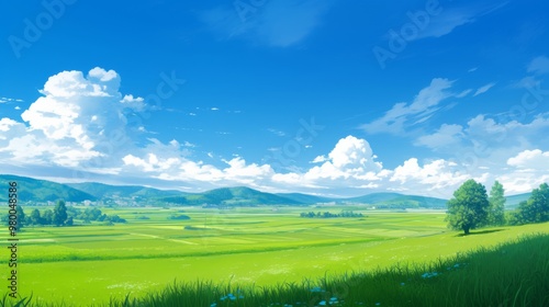 Anime Background of a Green Field Under a Day Sky with Clouds