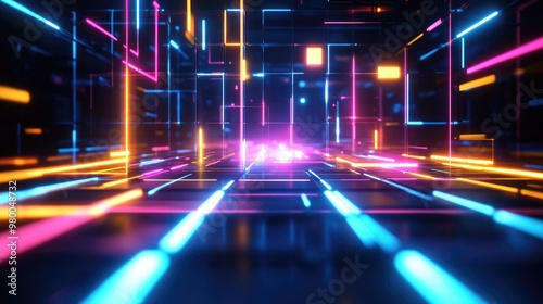 Futuristic abstract background featuring neon blue, orange, pink, and yellow lights, creating a tech-inspired, glowing grid design