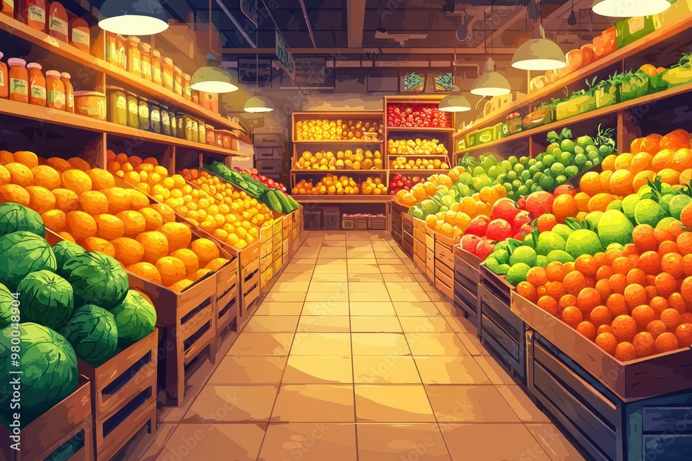 Aisle of Fresh Produce in a Well-Lit Grocery Store Aisle of Fresh Produce in a Well-Lit Grocery Store