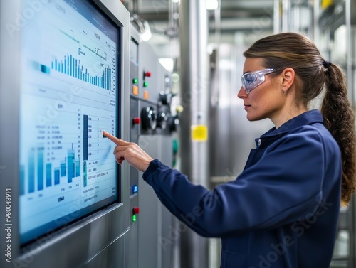 A technician adjusts the controls on a digital dashboard, observing graphs of declining carbon output in a modern, high-tech control room