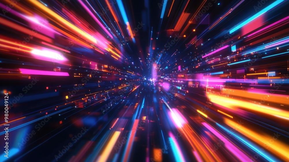 Neon-infused abstract futuristic background with blue, orange, pink, and yellow light streaks, forming a sleek technological pattern